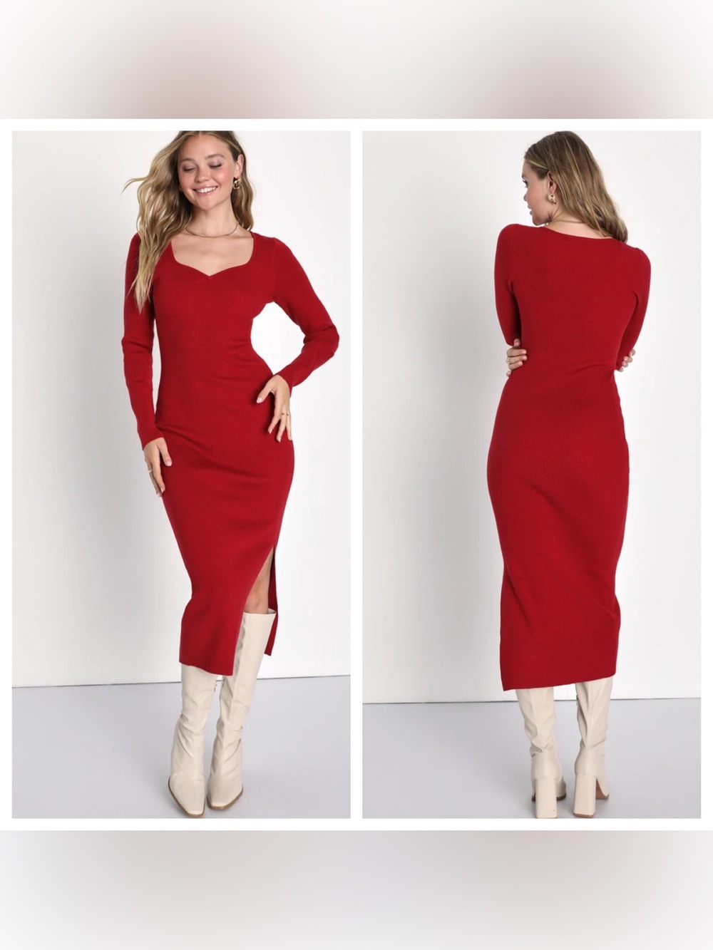 Lulus Darling Red Ribbed Knit Bodycon Midi Sweater Dress M Medium - Picture 2 of 6